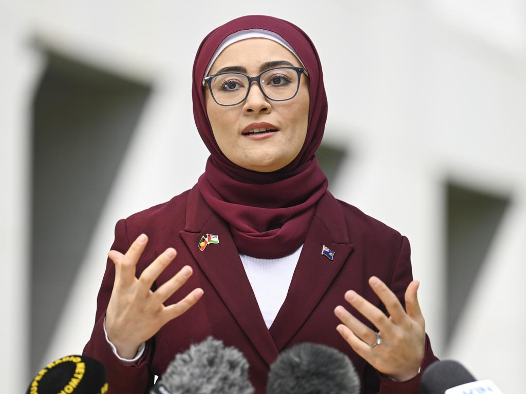 Senator Fatima Payman holds a press conference at Parliament House in Canberra. Picture: Martin Ollman