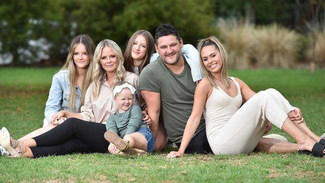 Brendan Fevola with fiancee Alex and their children Leni, Tobi, Lulu and Mia. Picture: Nicki Connolly