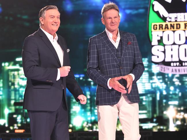 Eddie McGuire and Sam Newman at the <i>Grand Final Footy Show 2018</i>. Picture: Channel 9