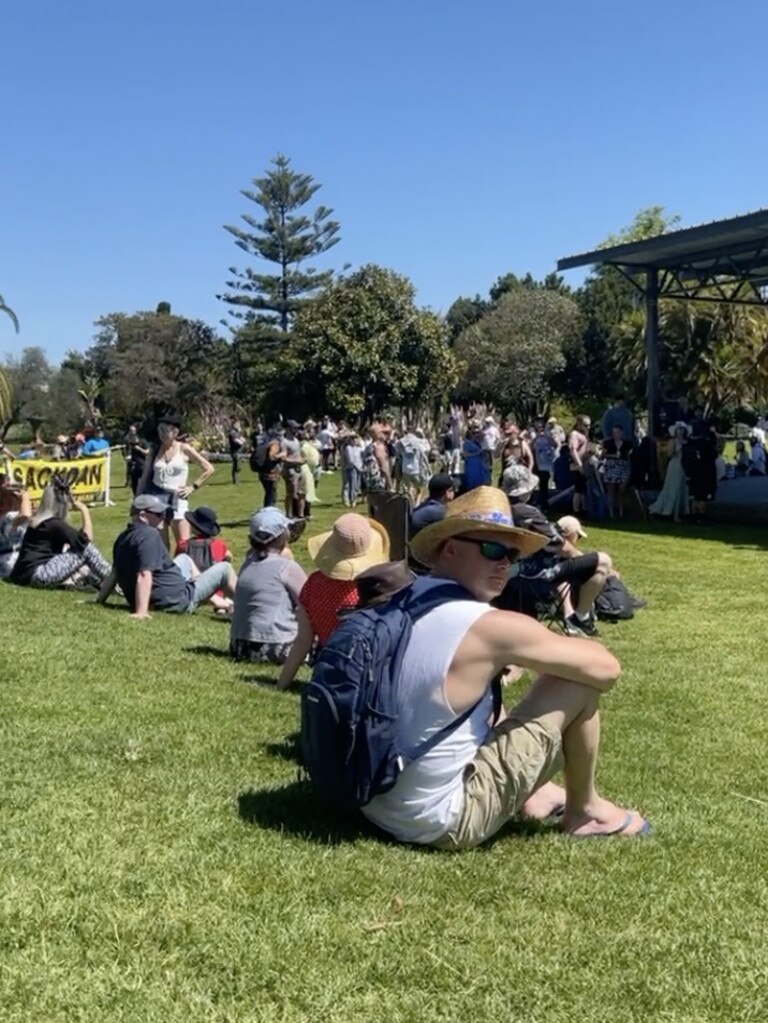 A large group of anti-lockdown portesters gathered in preparation to walk to the Melbourne Cup. Picture: Facebook