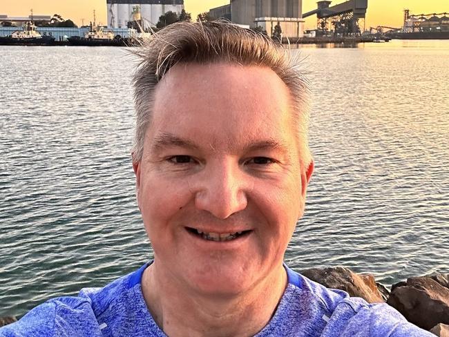 A Twitter post by Chris Bowen at the port of Newcastle announcing that he would reveal Newcastle as Australia's first green Hydrogen Hub. Picture: Supplied