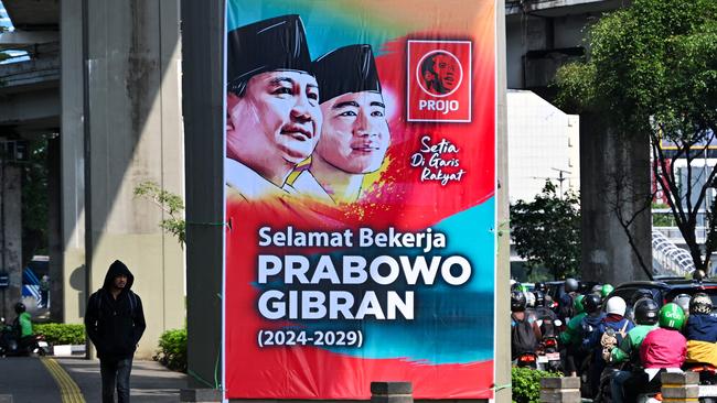 A banner congratulating Prabowo Subianto and Gibran Rakabuming Raka on their victory in February. Picture: AFP