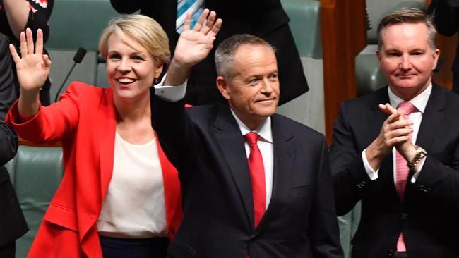 Deputy Opposition Leader Tanya Plibersek, Leader Bill Shorten and Opposition Treasurer Chris Bowen after the Budget Reply speech. Picture: AAP Image/Mick Tsikas