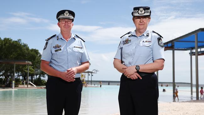 Head of the Queensland Government's Youth Crime Taskforce Assistant Commissioner Cheryl Scanlon with Assistant Commissioner Brett Schafferius on a visit to Cairns. Picture: Brendan Radke