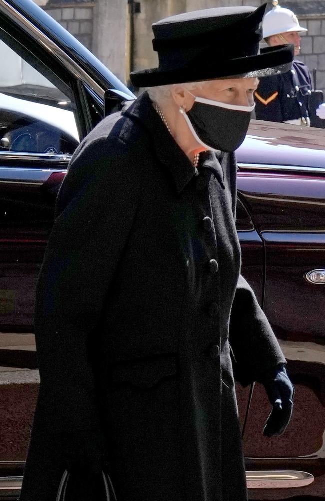 Queen Elizabeth II arrives for the funeral of her husband Prince Philip, Duke of Edinburgh at St George's Chapel at Windsor Castle. Picture: Jonathan Brady – WPA Pool/Getty Images