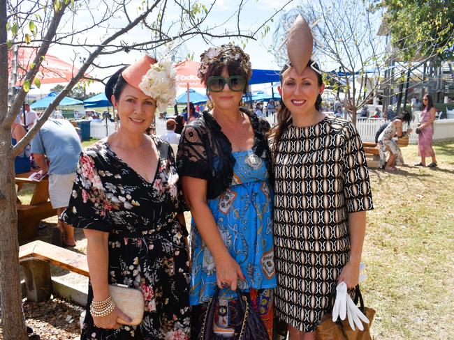 Robyn Durnford, Annette Sanfilippo and Mikayla Trotter having an action-packed day at the Ladbrokes Stony Creek Cup on Sunday, March 09, 2025. Picture: Jack Colantuono