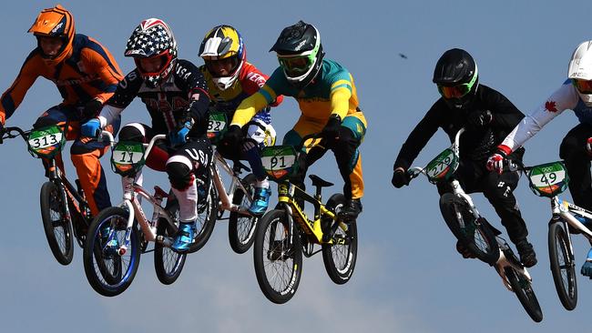 Australia’s Sam Willougby (centre) in action during his BMX semi-final at the Rio Olympics.