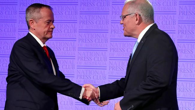 Bill Shorten and Scott Morrison shake hands after last week’s leaders debate. Picture; AFP.