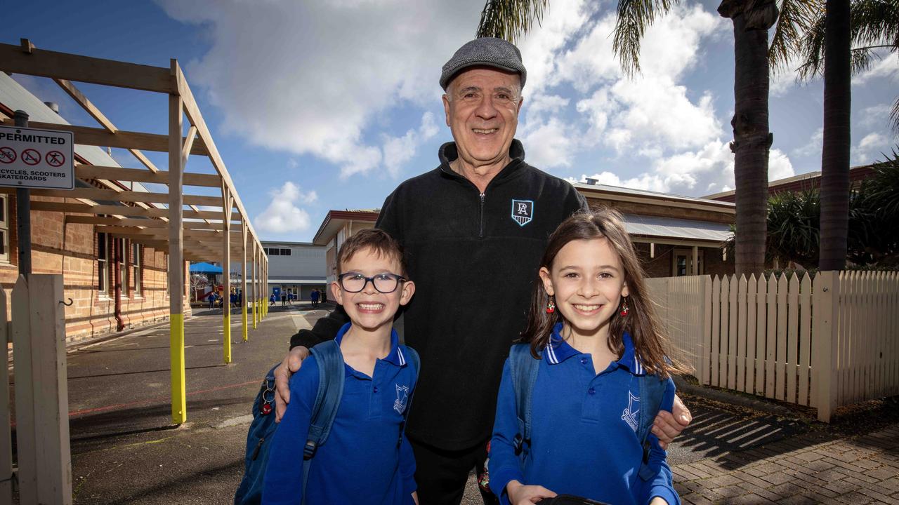 Frank Ali was called to collect his grandchildren Indi Galanti, 9, and Ziggy Galanti, 7, at East Adelaide School following the bomb threat. Picture: NCA NewsWire / Emma Brasier