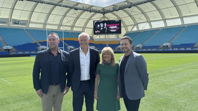 Green Day is coming to the Gold Coast in March 2025., Among those excited are (L-R) Cbus Stadium General Manager Kristian Blundell. Experience Gold Coast CEO John Warn. Acting Gold Coast Mayor Donna Gates and Ticketmaster Australia, Managing Director Gavin Taylor. Picture: Andrew Potts.