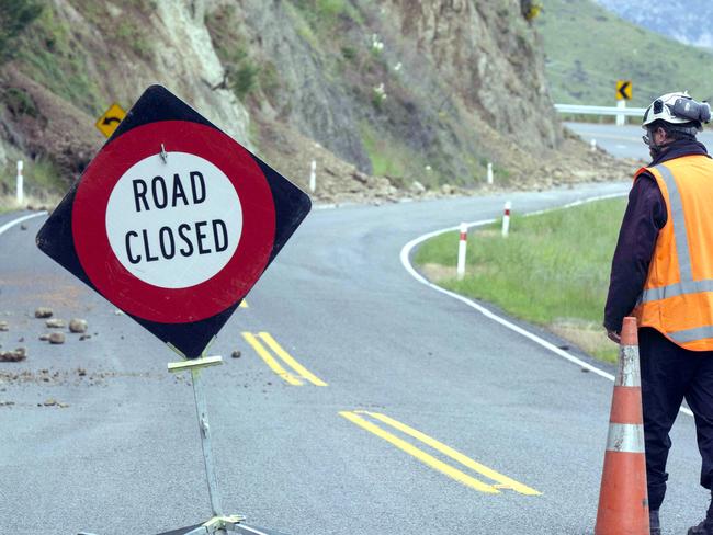 A road is cordoned off by the state highway 7a, near the Waiau Ferry Bridge after the 7.5 magnitude Hanmer Earthquake. Picture: AP