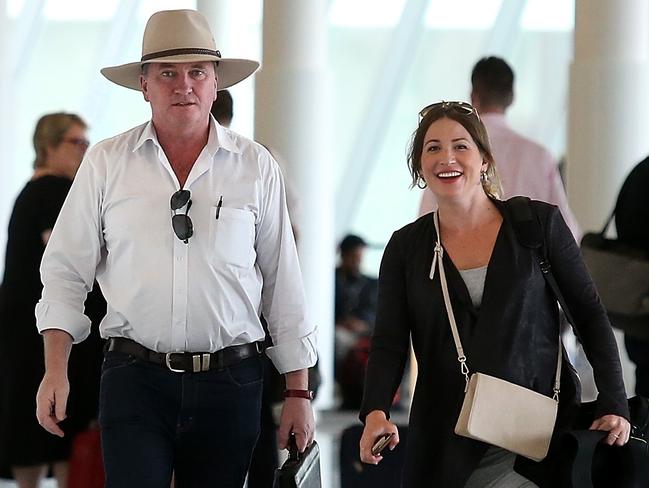 Former Deputy Prime Minister Barnaby Joyce and his pregnant partner Vikki Campion pictured at Canberra airport. Picture: Kym Smith