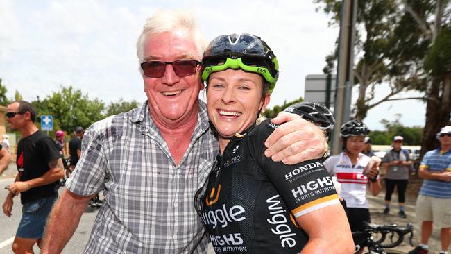 Annette Edmondson of the Wiggle High-5 team gets a hug from her dad Steve after winning the opening stage of Santos Women's Tour Down Under. Picture: Tait Schmaal