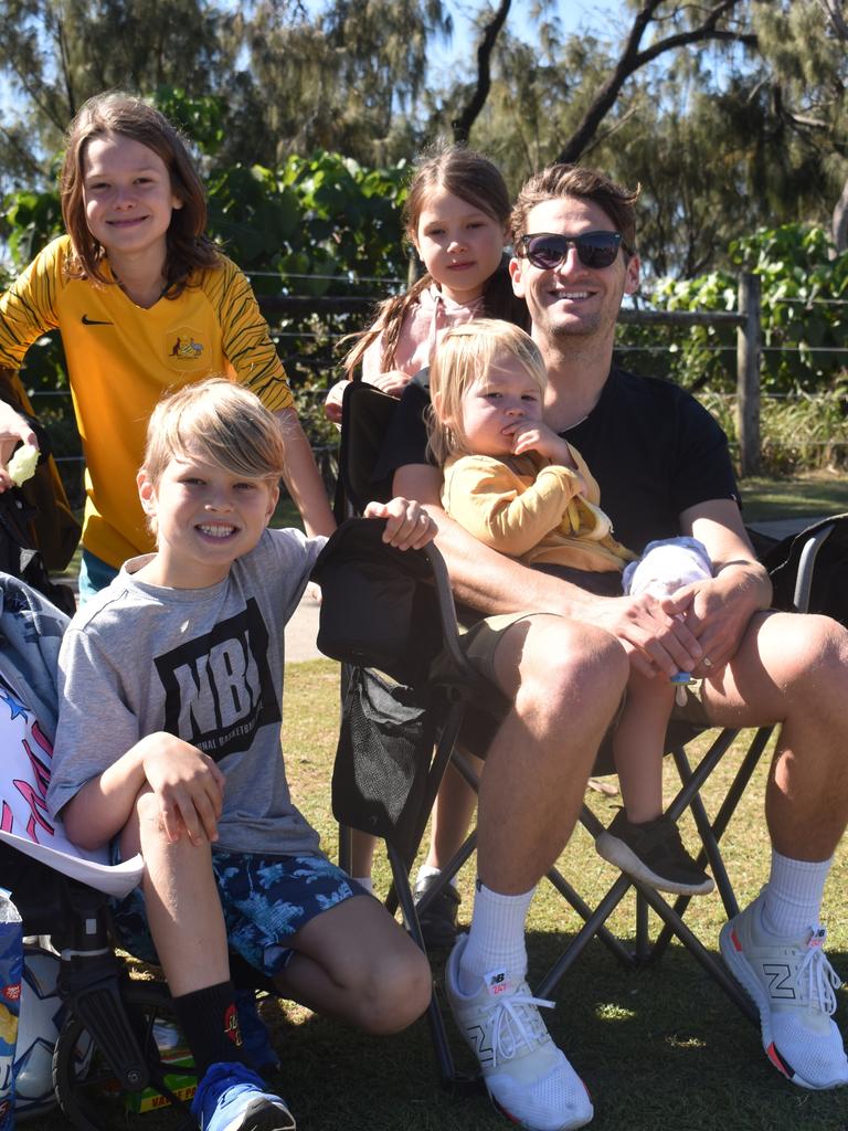 Wade, Bobby, Benson, Sophie and Brady cheering on Emily at the 2022 Sunshine Coast Marathon. Picture: Eddie Franklin