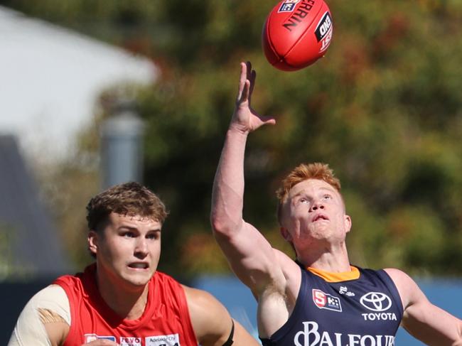 Alex Van Wyk from the Roosters and Blake Drury from the Crows during the Round 2 SANFL match between North Adelaide and Adelaide at Prospect Oval in Adelaide, Saturday, April 5, 2025. (SANFL Image/David Mariuz)