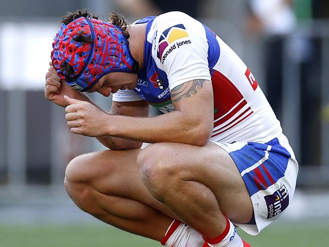 Newcastle's Kalyn Ponga dejected after a try during the NRL Elimination Final match between the South Sydney Rabbitohs and Newcastle Knights at ANZ Stadium. Picture. Phil Hillyard