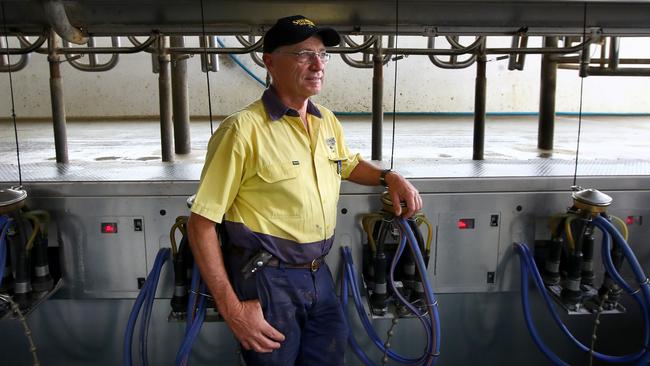 Colin Thompson at his dairy farm Callara near Gooloogong in the central west of NSW. Picture: Toby Zerna