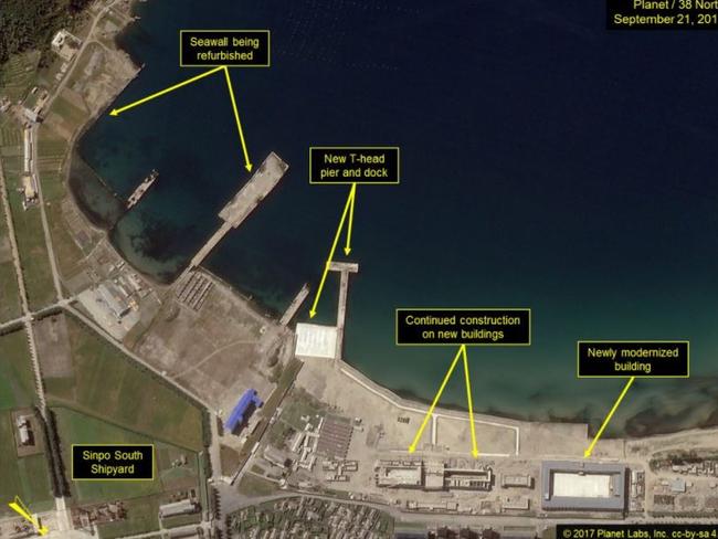 Satellite imagery of North Korea’s Sinpo South Shipyard showed ongoing activity at port and facilities at Nopyong-ni. Picture: 2017 Planet Labs, Inc. cc-by-sa 4.0