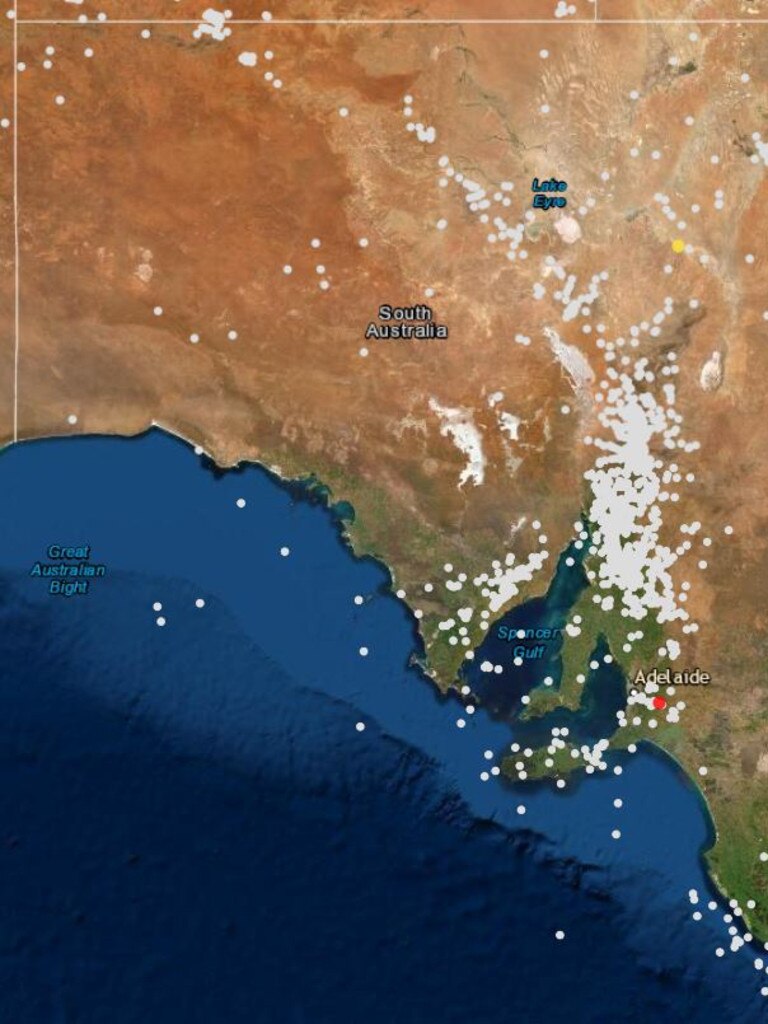 The red dot shows the earthquake in Mount Barker on 29 March 2022. The white dots are all earthquakes in South Australia for the last ten years. Picture: Geoscience Australia