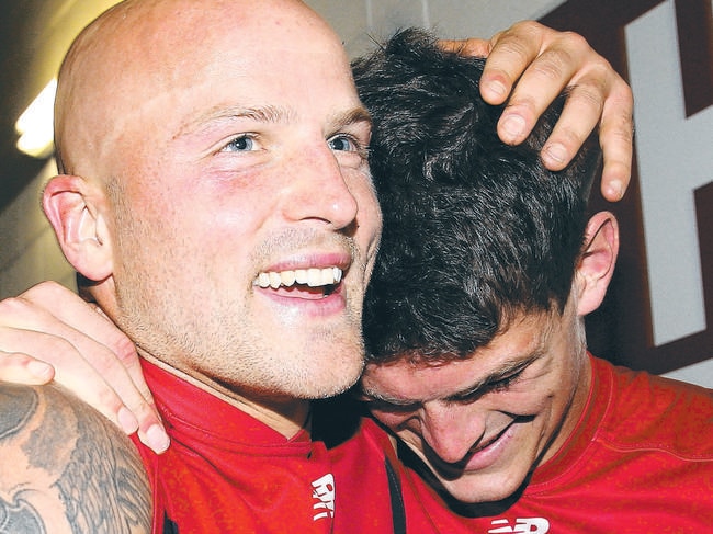 AFL Round 1 - Melbourne v Gold Coast Suns at MCG, Nathan Jones celebrate's with Angus Brayshaw. 4th April 2015. Picture: Colleen Petch.