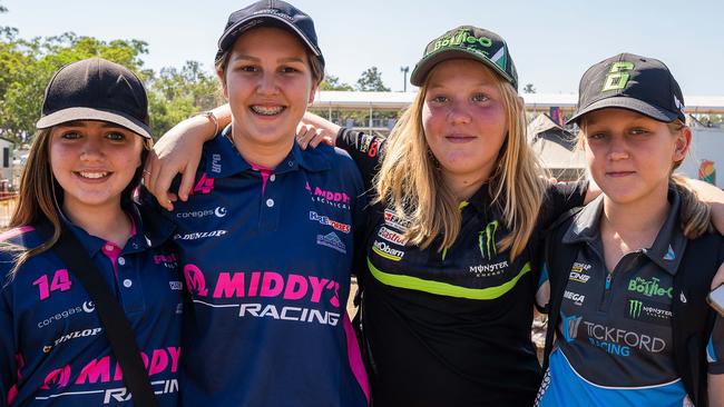 Scarlett Wright, Lara Duck, Jaylah Cox and Kayley Cox at the 2023 Darwin Supercars. Picture: Pema Tamang Pakhrin