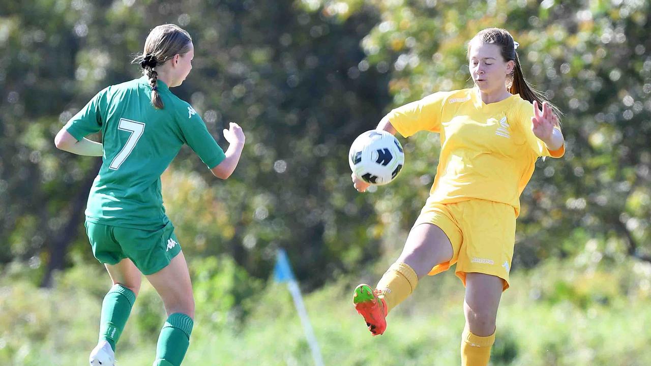 Football Queensland Community Cup carnival, Maroochydore. U13-14 girls, Sunshine Coast V Darling Downs. Picture: Patrick Woods.