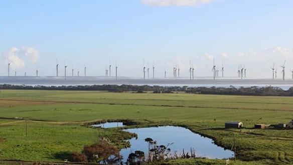 Render showing a future Robbins Island Renewable Energy Park, seen from Montagu, across Robbins Passage. Picture: Robbins Island Wind