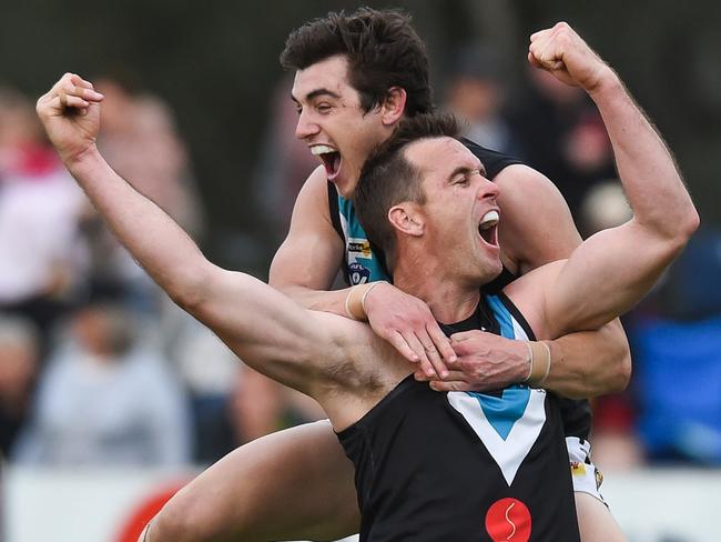 Ovens and Murray Football League Grand Final 2019. Lavington Panthers v Wangaratta Magpies. Lavington's Luke Garland and Shaun Mannagh. Picture: Mark Jesser, The Border Mail (Must credit)