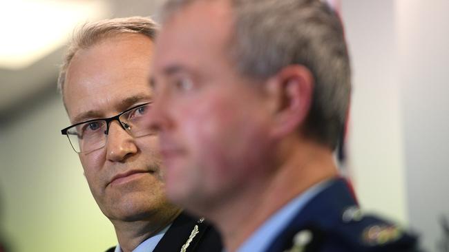 AFP Assistant Commissioner Ian McCartney, left, and NSW Police Assistant Commissioner Michael Willing address media today. Picture: AAP