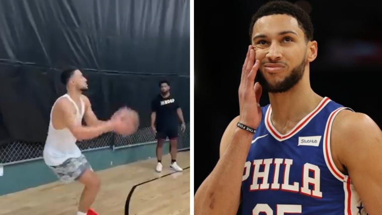 Ben Simmons in the gym. Photo: Getty, Twitter @LeagueAlerts.