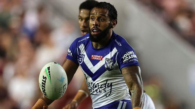 SYDNEY, AUSTRALIA - MARCH 27: Josh Addo-Carr of the Bulldogs passes during the round three NRL match between the Manly Sea Eagles and the Canterbury Bulldogs at 4 Pines Park, on March 27, 2022, in Sydney, Australia. (Photo by Cameron Spencer/Getty Images)