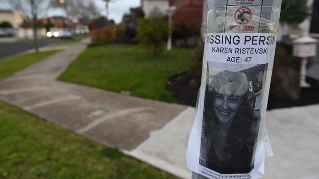 A missing person poster for Karen Ristevski near her family home. Picture: Jason Sammon