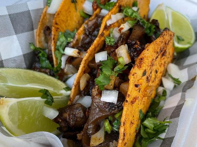 Vegetarian birria tacos features a blend three different types of mushrooms and a meat-free consommé to dip the tacos in. Picture: Chololo/Instagram