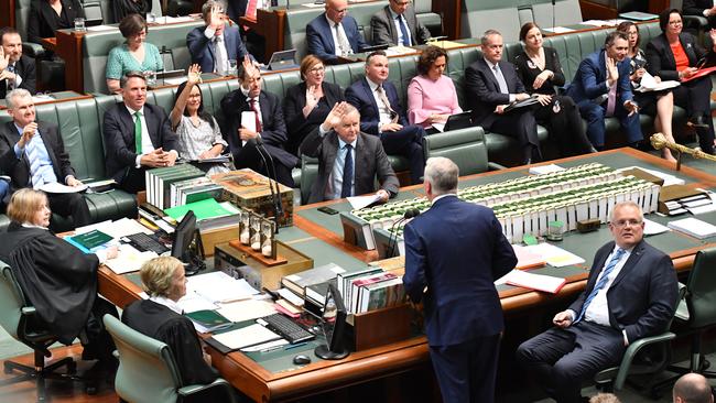 Leader of the Opposition Anthony Albanese, Deputy Prime Minister Michael McCormack and Prime Minister Scott Morrison during Question Time on Tuesday.