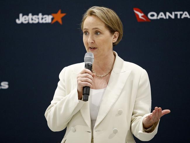 SYDNEY, AUSTRALIA - NewsWire Photos August 29 , 2024:  Qantas  Chief Executive Officer Vanessa Hudson  presents Qantas GroupÃ¢â¬â¢s FY24 results at the Sydney Flight Training Centre in St Peters. Picture: NewsWire / John Appleyard