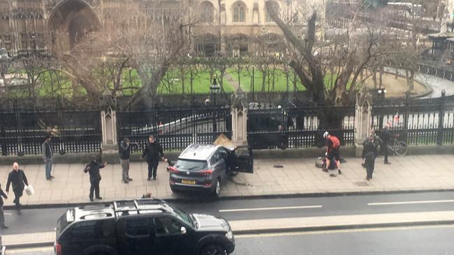 British police shot a suspected attacker outside the Houses of Parliament in London after an officer was stabbed in what police said was a terrorist incident. Picture: AFP/ James West