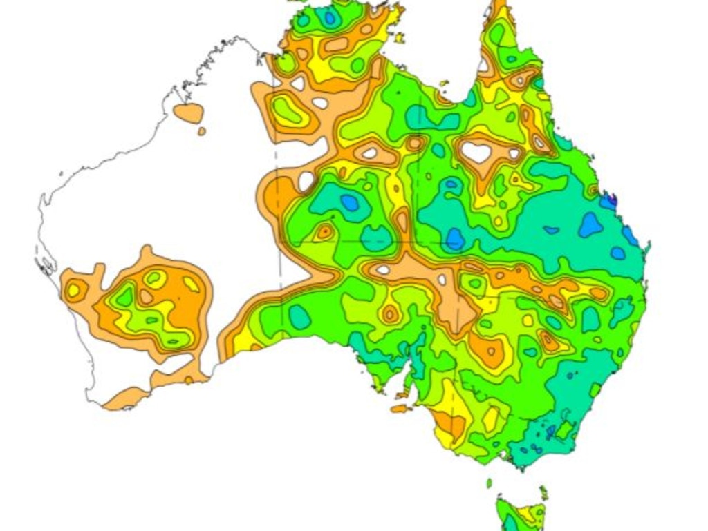 Rainfall across Australia in the week ending November 16. Dark green areas have seen more than 50mm of rain, blue 100mm. Picture: BOM.