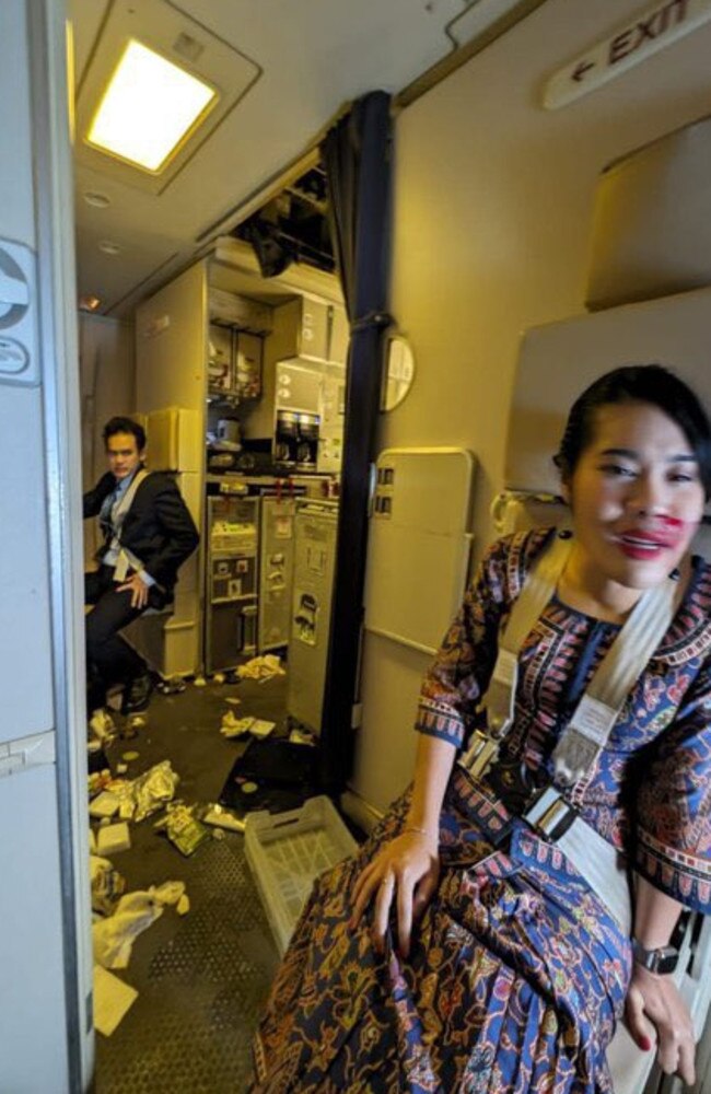 Singapore Airlines’ cabin crew were in their seats with seatbelts on, but had sustained injuries from the “severe turbulence”. Picture: Twitter