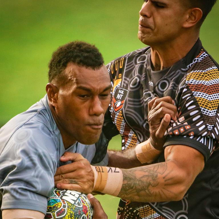 Sully Tavodi as the Indigenous All Stars take on the Territory All Stars in the senior men’s rugby league Deadly Cup matchup. Picture: Glenn Campbell