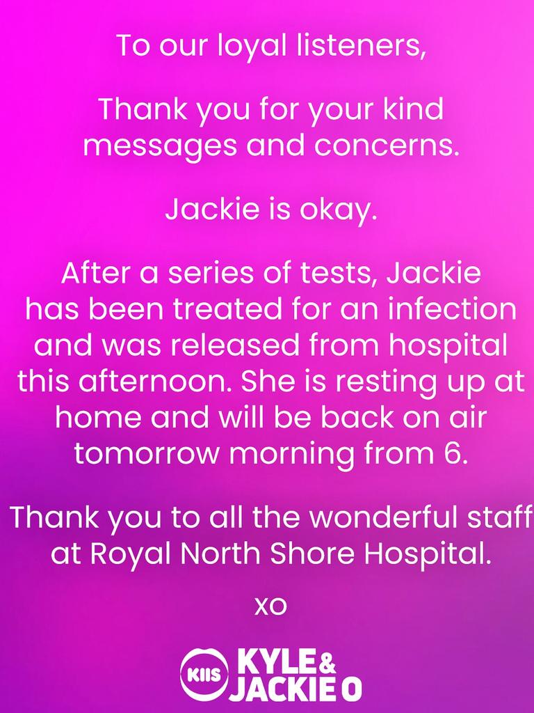 KIIS FM posted an update on Instagram after Jackie O's on-air health scare on Monday. Picture : Instagram