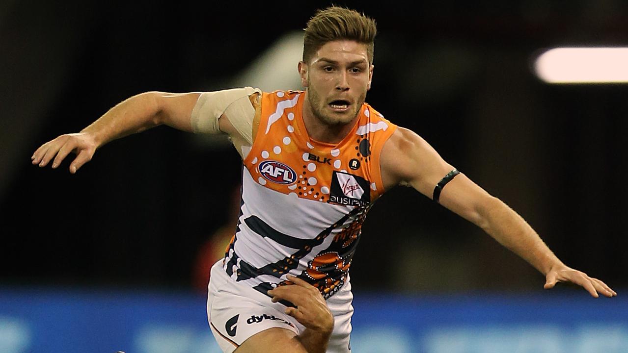 Western Bulldogs v GWS Giants at Etihad Stadium in Melbourne for Round 9 AFL. Tomas Bugg for GWS and Luke Dahlhaus. Picture: Alex Coppel.