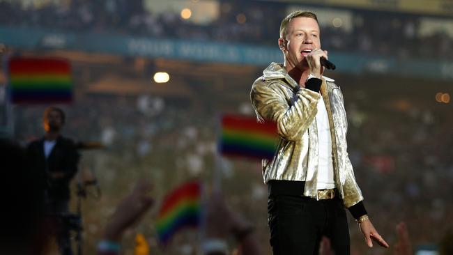 Rapper Macklemore performs during the 2017 NRL Grand Final. Picture: Brett Costello