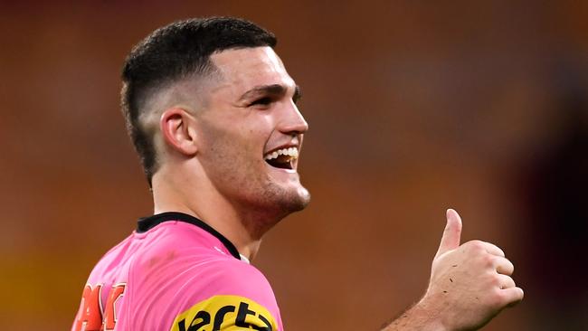 Nathan Cleary was all smiles after Penrith’s 12th straight win on Thursday night. Picture: Getty Images