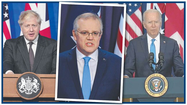 Boris Johnson, Scott Morrison and Joe Biden launch the AUKUS partnership in London, Canberra and Washington respectively on Thursday. Pictures: No 10 Downing Street/AAP/AFP