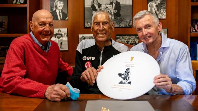 Russell Ebert was presented his South Australian Sport Hall of Fame Legend status by Barrie Robran and Bruce McAvaney. Picture Jordan Bianchini from PAFC