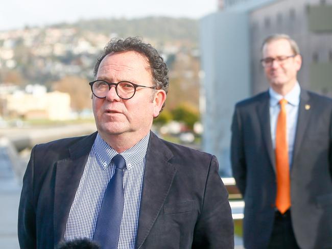 University of Tasmania pro vice chancellor (north) Dom Geraghty and minister for state growth Michael Ferguson at the announcement of the construction tender for the next stage of UTAS' northern transformation in Launceston. Picture: PATRICK GEE