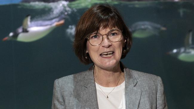 Agriculture Minister Mary-Anne Thomas speaks at a press conference on travel vouchers at Sea Life Aquarium, Melbourne. Picture: NCA NewsWire/David Geraghty.