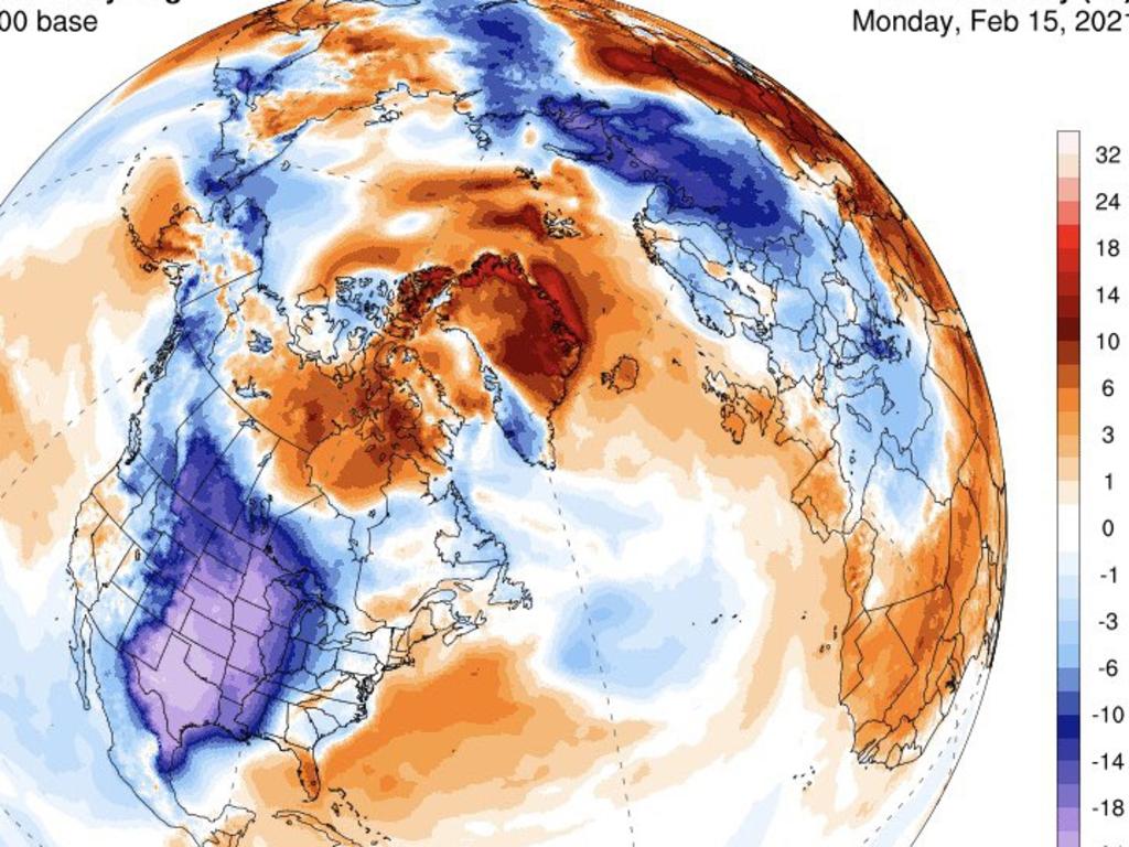 Temperature anomalies across North America and the Arctic on Monday shows the continental US far colder than usual and the Arctic far warmer. Picture: University of Maine