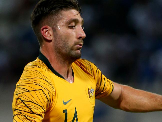 KUWAIT CITY, KUWAIT - SEPTEMBER 10: Brandon Borrello of Australia in action during the FIFA World Cup Qatar 2022 and AFC Asian Cup China 2023 Preliminary Joint Qualification Round 2 match between Kuwait and the Australia Socceroos at Kuwait Club Stadium on September 10, 2019 in Kuwait City, Kuwait. (Photo by Tom Dulat/Getty Images)