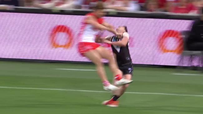 Dane Rampe collides with Zak Butters.